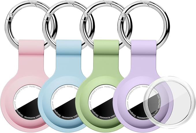 Upgraded for AirTag Holder with Clear Cover full coverage Case Keychain for Air Tag, Silicone for AirTags 4 Pack for Apple Holder GPS Tracker Item Tag Finders,Pink/Grey Blue/Teal Green/Purple