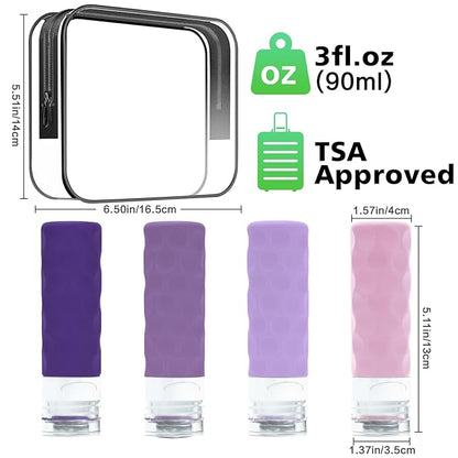 Travel Bottles for Toiletries, 4pcs Tsa Approved 3oz Travel Size Containers, BPA Free Leak Proof Premium Silicone Bottles, Refillable Liquid Squeezable Accessories W/Toiletry Bag(Purple)