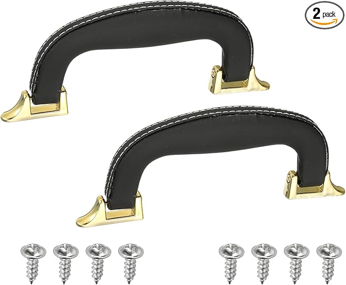 uxcell 2 Pcs PU Leather Luggage Handle, 0.9" Hole Distance Vintage U-Shape Replacement Strap Handle for Travel Handbag Guitar Musical Box Gift Boxes, Black/Gold