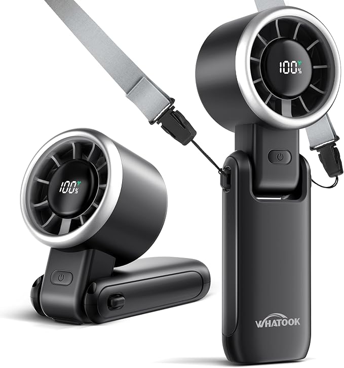 WHATOOK Portable Fan Rechargeable Mini Fans: Hand Fan with Air Turbo Tech, 4000mAh and 5 Speeds Led Display, 3 IN 1 Foldable Small Personal Fans for Travel, Outdoor, Working, Shopping (Black)