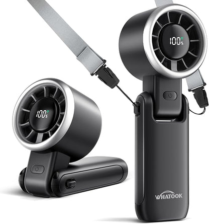 WHATOOK Portable Fan Rechargeable Mini Fans: Hand Fan with Air Turbo Tech, 4000mAh and 5 Speeds Led Display, 3 IN 1 Foldable Small Personal Fans for Travel, Outdoor, Working, Shopping (Black)