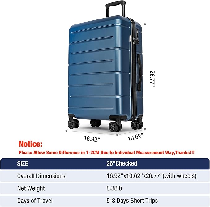 KYME 26 Inch Luggage TSA Approved Hardshell Suitcases with Spinner Wheels Durable Medium Travel Checked Luggage with Cup Holder for Women Men Blue
