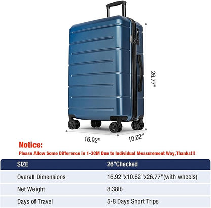 KYME 26 Inch Luggage TSA Approved Hardshell Suitcases with Spinner Wheels Durable Medium Travel Checked Luggage with Cup Holder for Women Men Blue
