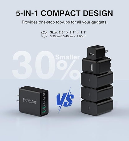 [2-Pack] USB C Wall Charger, 60W Type C Charger Block 5-Port Fast Charging Blocks,3USB C+2USB A Multiport Plug,PD Power Adapter Brick Cube for iPhone 17/16/15/14/13/Pro,iPad,Samsung,for Switch（Black）