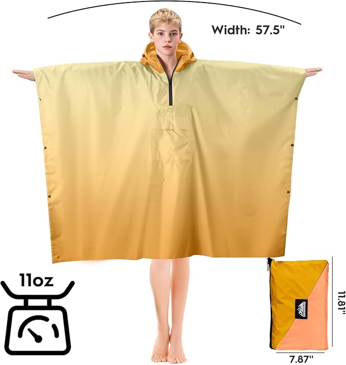 Bruvoalon 3-in-1 Rain Poncho with 1/4 Zip & Chest Pocket, Waterproof, Sunshade, Ground Mat for Adults & Youth Emergency