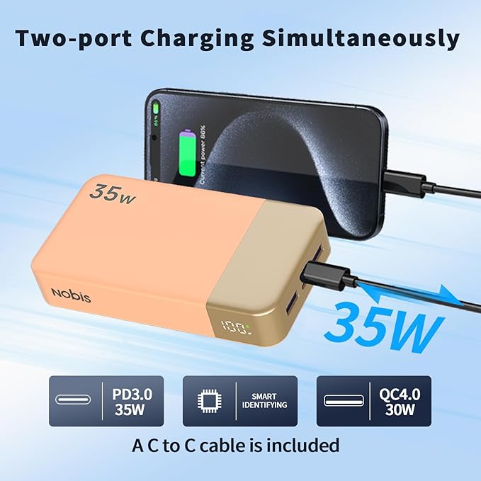 NOBIS Portable Charger, 20000mAh Power Bank, 35W Power Bank Fast Charging, Battery Pack with C to C Cable, Battery Bank with Digital Display for Phone Android etc (Orange)