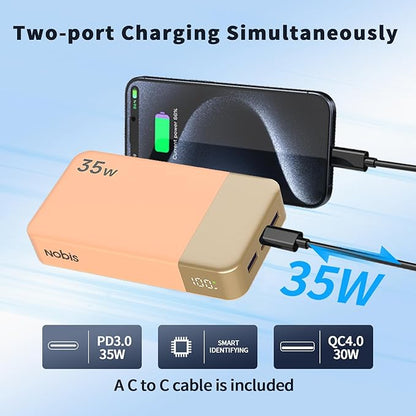 NOBIS Portable Charger, 20000mAh Power Bank, 35W Power Bank Fast Charging, Battery Pack with C to C Cable, Battery Bank with Digital Display for Phone Android etc (Orange)