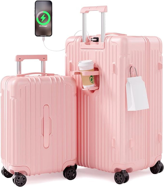 Krute Luggage Sets 2 Piece Suitcase with Cup Holder PC+ABS Hardside Charging Port Luggages TSA Approved Suitcase Set 20+28 Inch