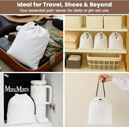 LFH Cotton Rich Shoe Storage Bags with Drawstring, Dustproof Breathable Reusable Organizer, Perfect For Travel, Dorm, Hotel, College, Gym, Easy to Carry, Machine Washable 8"x17" (Pack of 6) - White