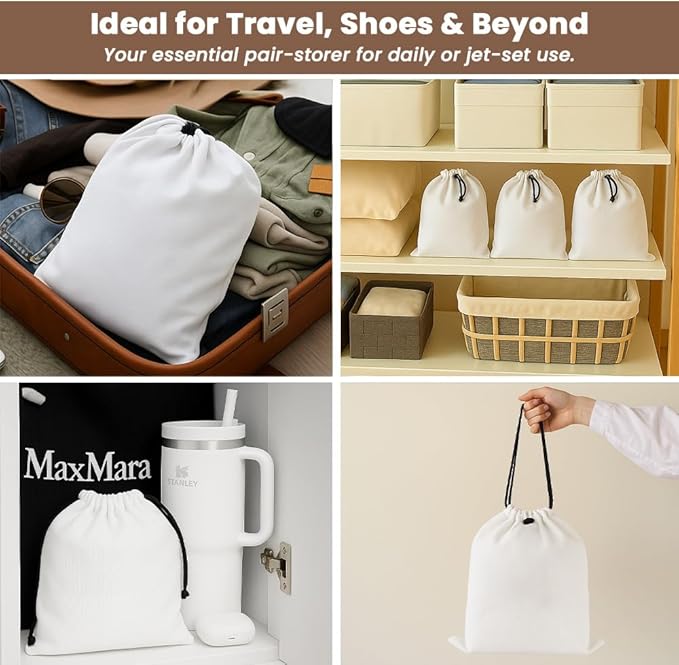 LFH Cotton Rich Shoe Storage Bags with Drawstring, Dustproof Breathable Reusable Organizer, Perfect For Travel, Dorm, Hotel, College, Gym, Easy to Carry, Machine Washable 8"x17" (Pack of 4) - White