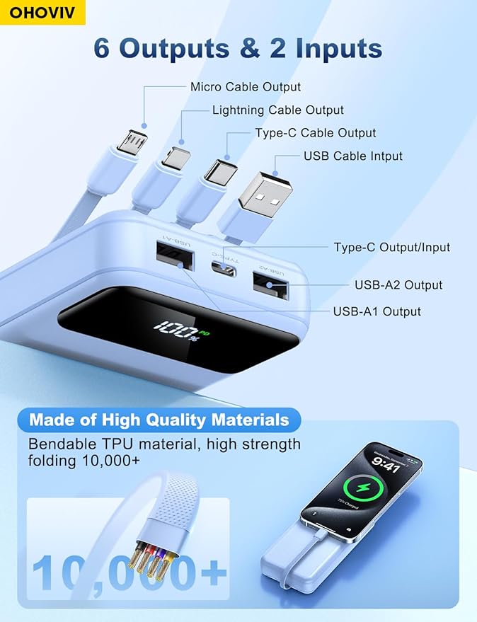 Portable Charger Power Bank 50000mAh Battery Pack, 22.5W Fast Charging PowerBank with Built in Cables,Travel Essential USB-C Portable Phone Charger for iPhone Samsung Pixel Android iPad-Blue