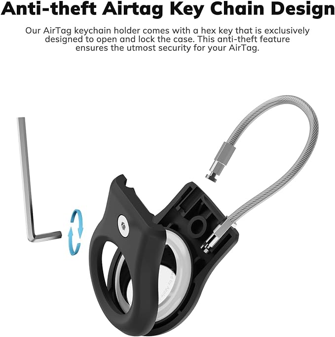 AirTag Keychain Holder - Air tag Lock Case with Wire Cable Compatible with Apple AirTags, Ultra Durable Anti-Lost Protective Case with Keyring for Luggage, Key, Backpack, Pet, Black (4 Pack)