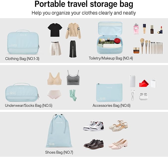 Hanke 7 Set Compression Packing Cubes for Travel, Expandable Large Packing Cubes for Suitcases and Backpack, Luggage Packing Organizer Bags with Double Zipper as Travel Essentials