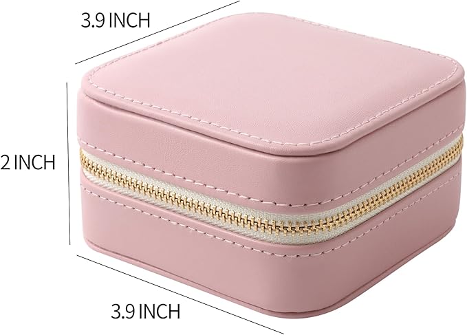 Genuine Leather Travel Jewelry Case Organizer with Mirror for Women, Small Jewelry Box Portable Mini Jewelry Case for Earring, Ring, Necklace, Bracelet(Pink)