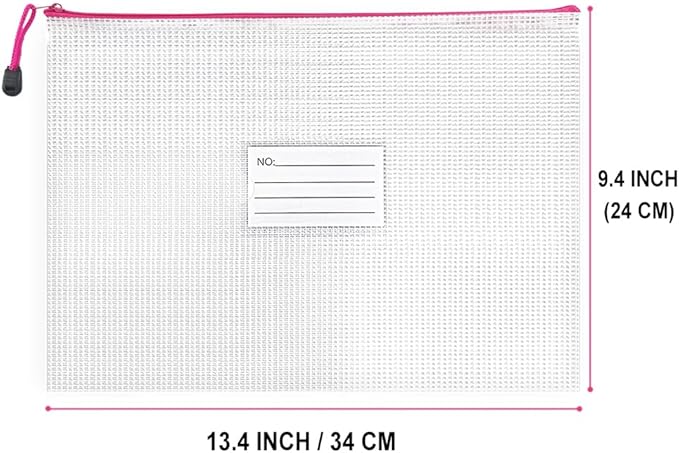BOPART 24pcs Mesh Zipper Pouch Puzzle Bags 13.4x9.4 Inches A4 Plastic Zip File Bag with Label Pocket for School Office Supplies, Board Game Storage Bags for Organizing