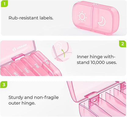 AUVON XL Weekly Pill Organizer 2 Times a Day, Pill Box 7 Day with One-Side Large Openings for Easy to Use, Sakura Pink AM PM Pill Case for Medication, Vitamins, Fish Oils, Supplements