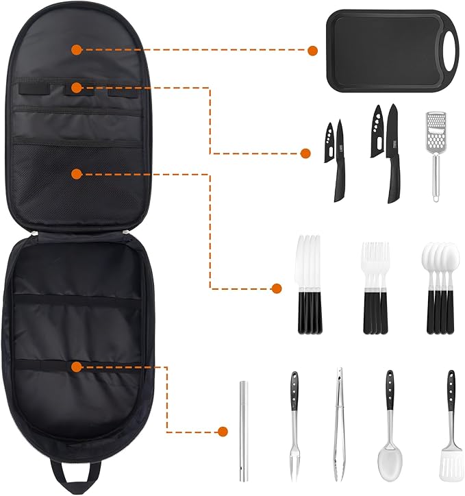 Camp Kitchen Organizer, Multi-Pocket Camping Cooking Utensils Set Bag, Waterproof Portable Silverware Plates Storage for BBQ Outdoor Cookware Kit Essentials, RV Kitchen Supplies Must Haves
