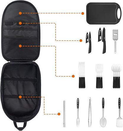 Camp Kitchen Organizer, Multi-Pocket Camping Cooking Utensils Set Bag, Waterproof Portable Silverware Plates Storage for BBQ Outdoor Cookware Kit Essentials, RV Kitchen Supplies Must Haves