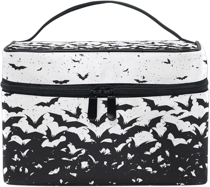 Makeup Train Case Black Bat Halloween Korean Carrying Portable Zip Travel Cosmetic Brush Bag Organizer Large for Girls Women