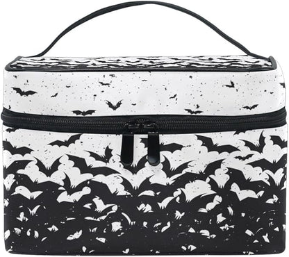 Makeup Train Case Black Bat Halloween Korean Carrying Portable Zip Travel Cosmetic Brush Bag Organizer Large for Girls Women
