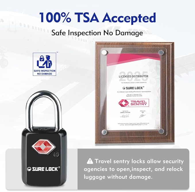 Sure Lock TSA Approved Luggage Locks Mini Size Lock with Keys for Travel, Zinc Alloy Body with Steel Shackle, Key Alike, Key Alike in The Same Package
