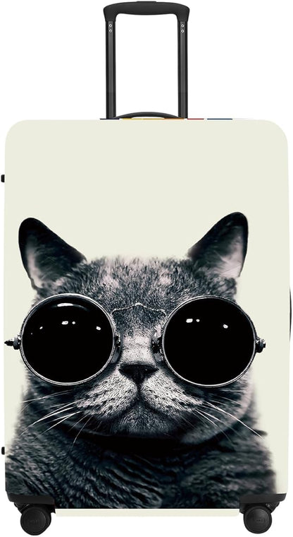 Cool Cat Luggage Protector, Washable Suitcase Cover with Sunglasses Feline Design Anti-scratch for 32",34"Bag