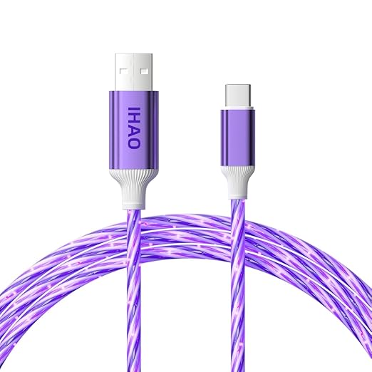 IHAO USB A to C Charger Cable PD Fast Charge and High Speed Sync Visible Starry LED Current Flowing Compatible with All USBC Device-Starry Purple A to C 39Inches