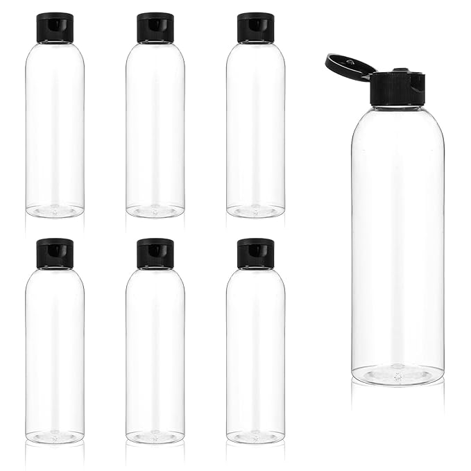Travel Bottles for Toiletries 7 oz Leak Proof Dispenser Containers with Flip Cap Portable Refillable Plastic Dispenser Set for Shampoo, Lotion, and More (6 Pcs)