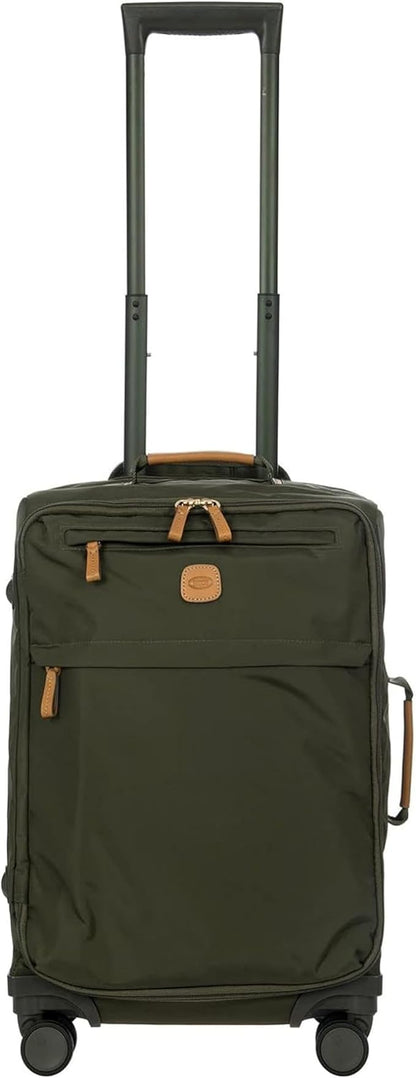 Bric's X-Travel 21” Carry-On Spinner – Luxury Softside Luggage with 360° Wheels, Recycled Water-Resistant Fabric, Interior Pockets, and Leather Details – Olive