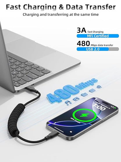 Car Carplay Cable 3ft Coiled USB A to USB C Fast Charge Cord for iPhone 16/15/Plus/Pro Max/MacBook Pro, Auto Coiled Retractable iPhone Car Cord