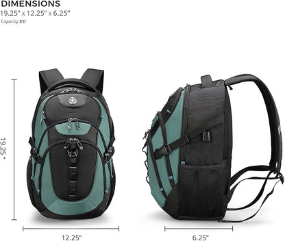 Swissdigital Design Laptop Backpack with USB Charging Port, Travel Backpack Fits 15.6 inches Computer, 31L College School Backpack for Men, Lake Green/Black | SD803-27