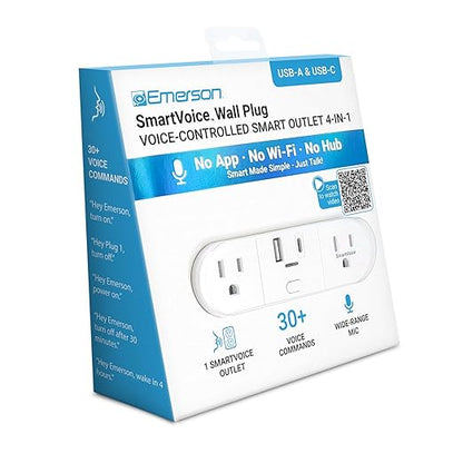 Emerson SmartVoice 4-in-1 Wall Plug, Offline 30+ Voice Control Commands, No APP, No WiFi, No Setup, Smart Outlet w/ 2 AC Outlets, USB-A & USB-C Ports, Sleep & Wake Timer, ETL