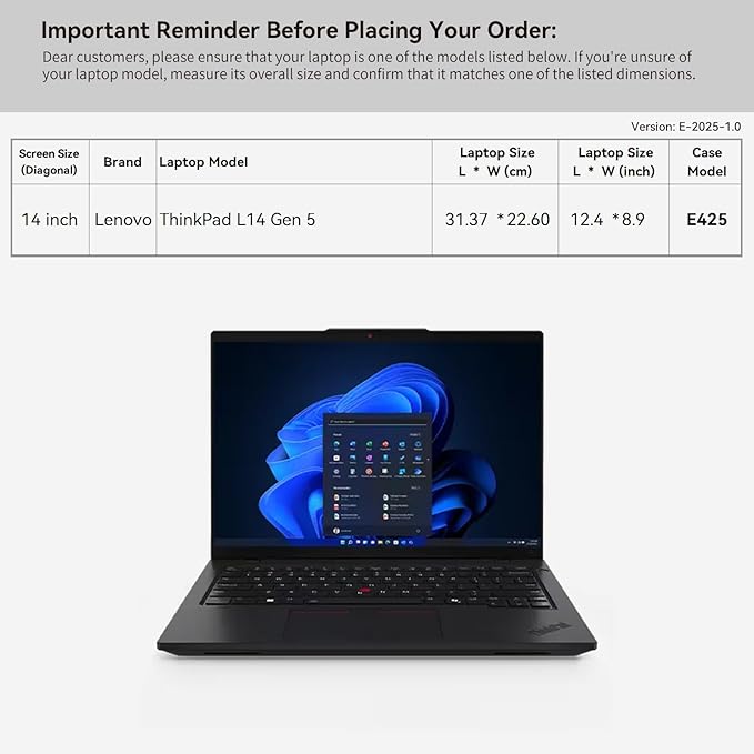 Smatree 14 inch Laptop Sleeve for Lenovo ThinkPad L14 Gen 5 Laptop Bag with Accessory Pocket, YKK Zipper, Patented Shockproof Design (E425)