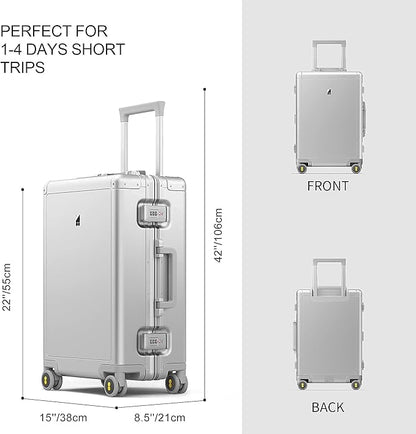 LEVEL8 Gibraltar Carry on Luggage, 20 Inch Aluminum Zipperless Luggages Airline Approved, Hardside Suitcase with TSA Lock and Spinner Wheels, Silver