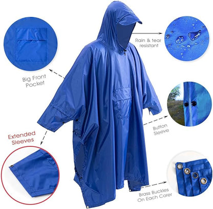Cosmine Hooded Rain Poncho for Adult with Pocket, Waterproof Lightweight Unisex Raincoat Jacket for Hiking Camping Emergency
