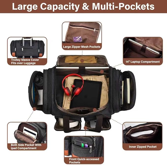 Canvas Duffle Bag For Travel, 50L Expandable Carry on Overnight Travel Duffel Bags with Laptop Compartments Weekend Gym Bag for Men(Black)