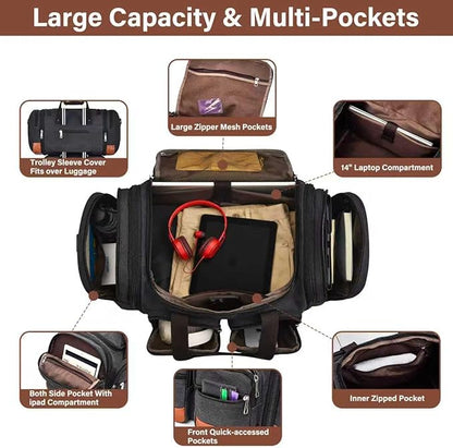 Canvas Duffle Bag For Travel, 50L Expandable Carry on Overnight Travel Duffel Bags with Laptop Compartments Weekend Gym Bag for Men(Black)