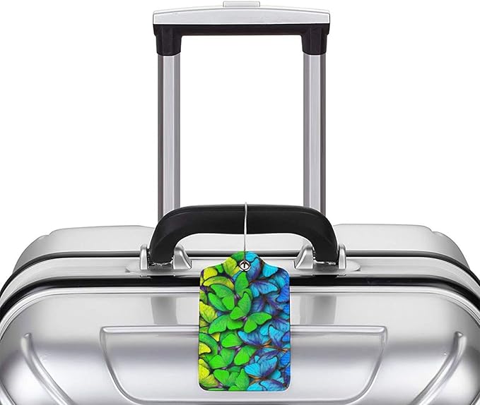 2Pcs Green Blue Butterfly Luggage Tags for Suitcases for Women Girls, Pretty Leather Suitcases Tag with Stainless Steel Loop Privacy Cover ID Label Travel Bag Tags Luggage Identifiers for Kids Adults