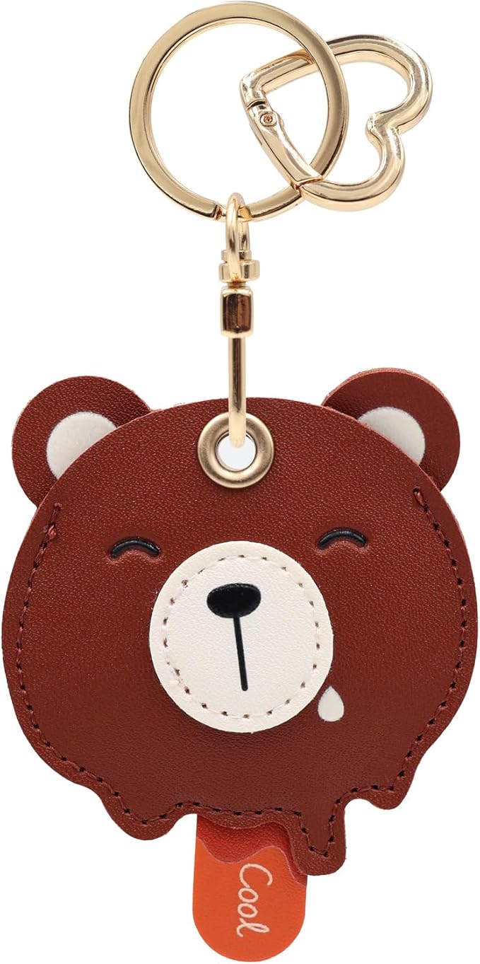 MC Fashion PU Leather Keychain Holder Case Compatible with AirTag, Cute Animal Cone GPS Tracker Case Charm Key Ring (Bear Bar)