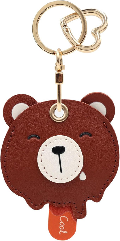MC Fashion PU Leather Keychain Holder Case Compatible with AirTag, Cute Animal Cone GPS Tracker Case Charm Key Ring (Bear Bar)