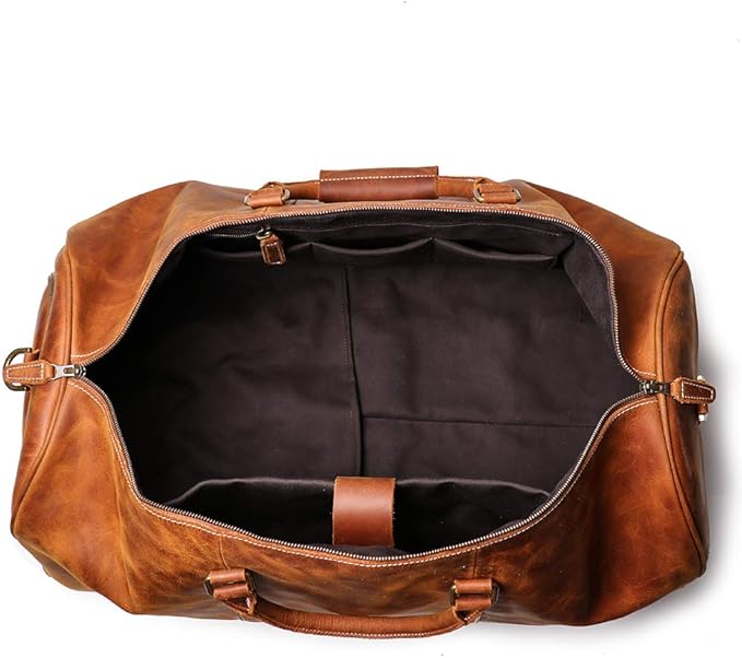 24 Inch Leather Travel Weekend Luggage Bag, Mens Duffle Retro Carry on Handbag (Brown)