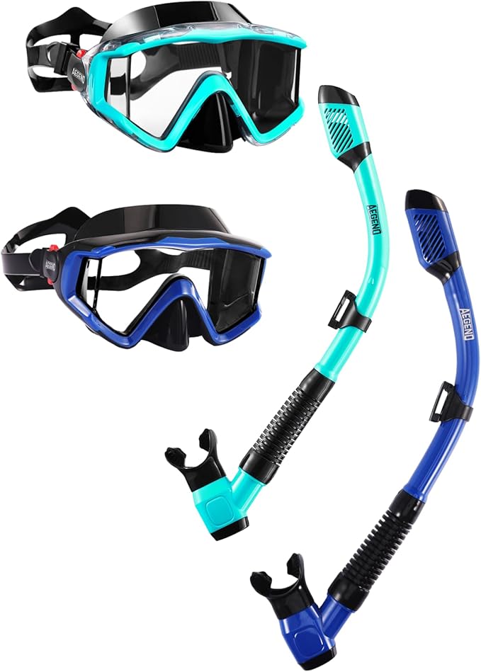 Aegend Snorkeling Gear for Adults Youth Kids, Dry Snorkel Set Panoramic View Enhanced Anti-Leak and Anti-Fog Technology, Adjustable Strap for Snorkeling Scuba Diving Swimming with Mesh Bag