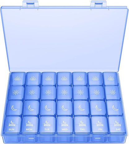 XL Pill Organizer 4 Times a Day, BUG HULL Extra Large Weekly Pill Box Case, 7 Day Vitamin Container Daily Pill Holder for Cod-liver oil, Vitamins, Supplements (Royal Blue)