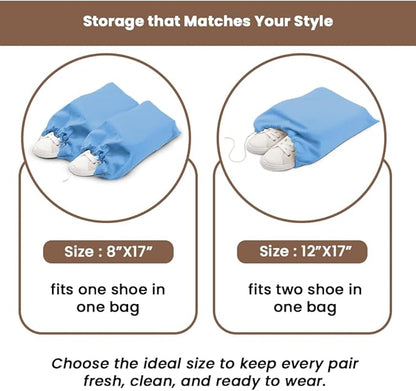 LFH Cotton Rich Shoe Storage Bags with Drawstring, Dustproof Breathable Reusable Organizer, Perfect For Travel, Dorm, Hotel, College, Gym, Easy to Carry, Machine Washable 8"x17" (Pack of 4) - Sky Blue
