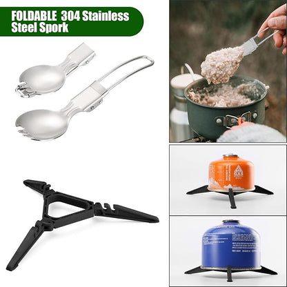 Odoland 8pcs Camping Cookware Mess Kit, Camping Pot and Pan Set with Mini Backpacking Stove, Stainless Steel Cup, Spork and Tank Bracket, Cooking Gear for Outdoor, Hiking, Picnic, Campfire