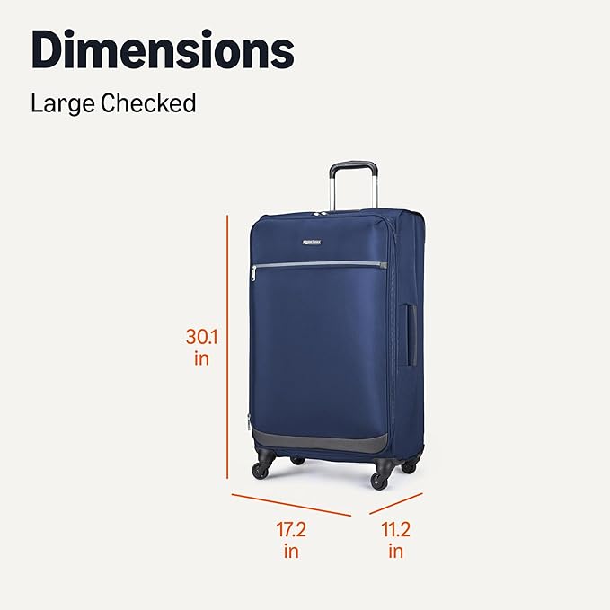 Amazon Basics Luggage, 28" Large Checked Softside Suitcase With Wheels With Four 360-Degree Multi-directional Spinner Wheels Expandable Space Zippered Pocket and Straps, Telescopic Handle, Navy Blue