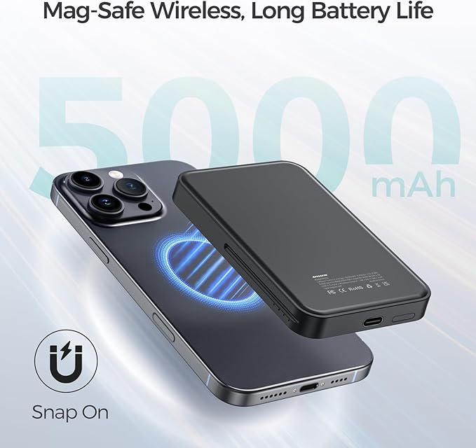 ANJANK 3 in 1 Portable Wireless Charging Station, Removable 5000mAh Mag-Safe Power Bank, Foldable Travel Magnetic Charger Stand for iPhone 17 16 15 14 13 12 Pro Max Plus, Apple Watch Series, AirPods