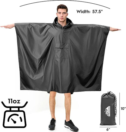 Bruvoalon 3-in-1 Rain Poncho with 1/4 Zip & Chest Pocket, Waterproof, Sunshade, Ground Mat for Adults & Youth Emergency