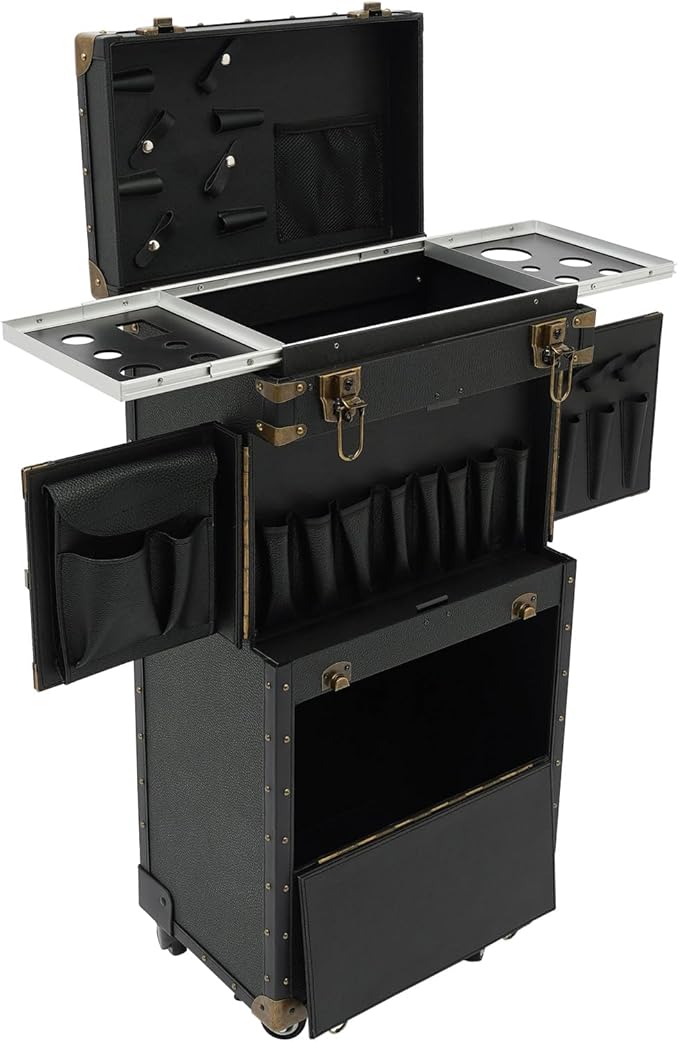 Beauty Rolling Makeup Train Case, Professional Lockable Rolling Salon Luggage, Retro-Rolling Cart Storage Organizer Trolley Make Up Case, 4 Universal Wheels, Retractable Rod, Buckle (Black)