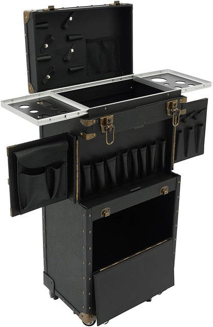Beauty Rolling Makeup Train Case, Professional Lockable Rolling Salon Luggage, Retro-Rolling Cart Storage Organizer Trolley Make Up Case, 4 Universal Wheels, Retractable Rod, Buckle (Black)